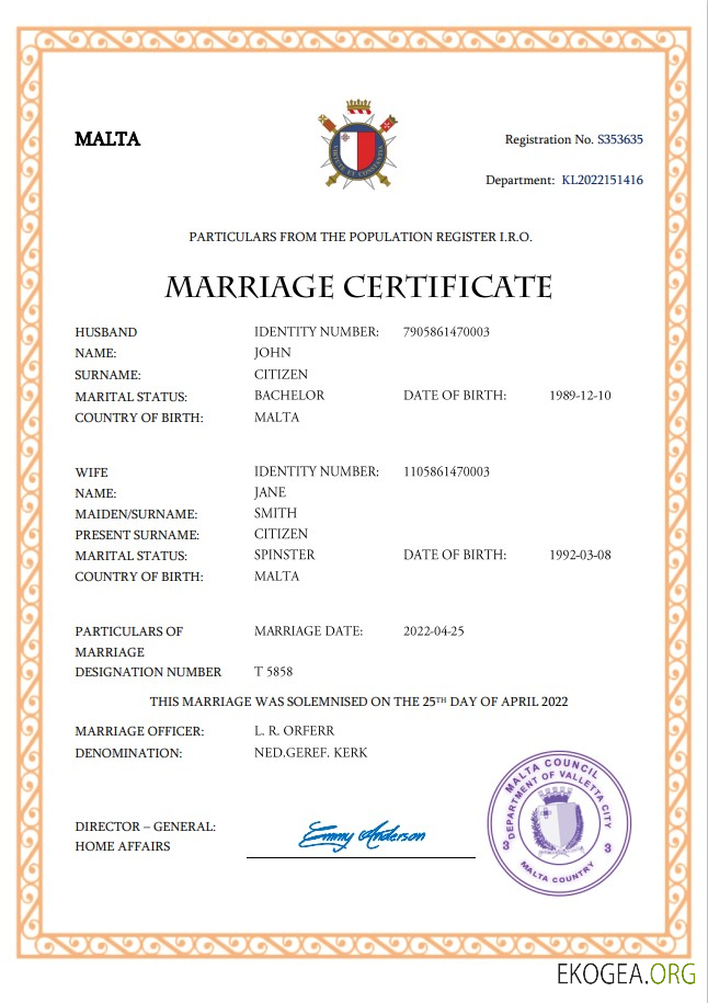 Modèle Word et PDF d'acte de mariage à Malte